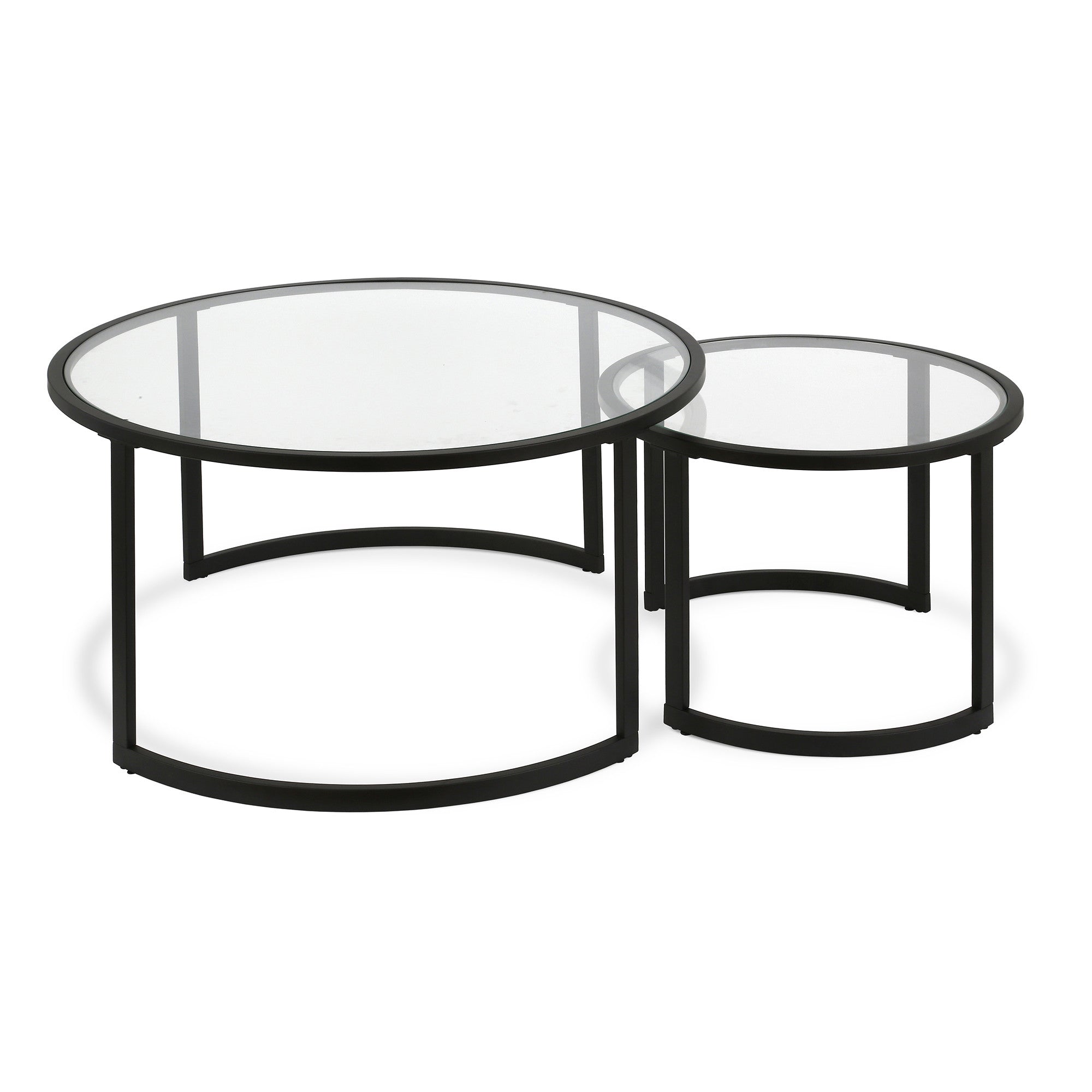 Set of Two 36 Black Glass And Steel Round Nested Coffee Tables