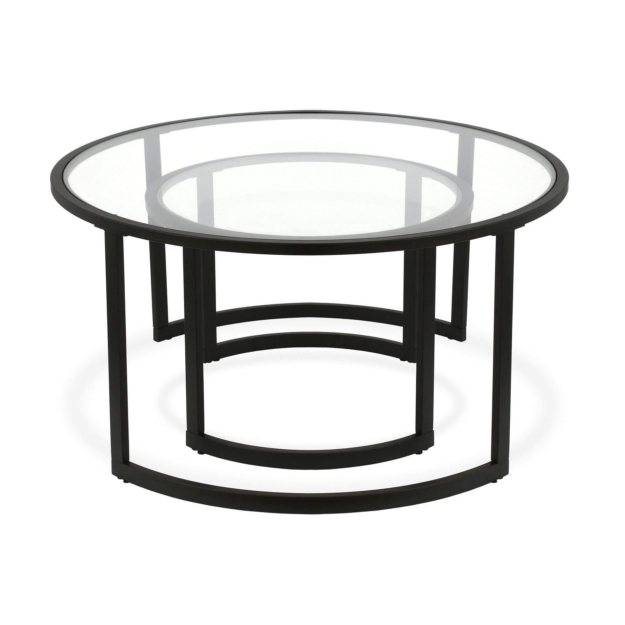 Set of Two 36 Black Glass And Steel Round Nested Coffee Tables