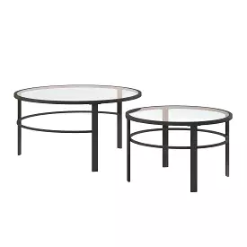 Set of Two 36 Clear And Black Glass And Steel Round Nested Coffee Tables