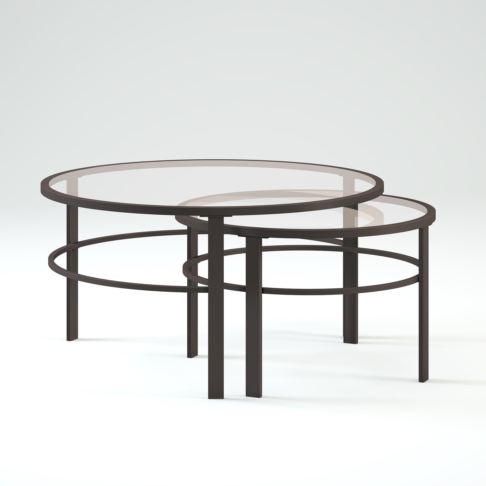 Set of Two 36 Clear And Black Glass And Steel Round Nested Coffee Tables