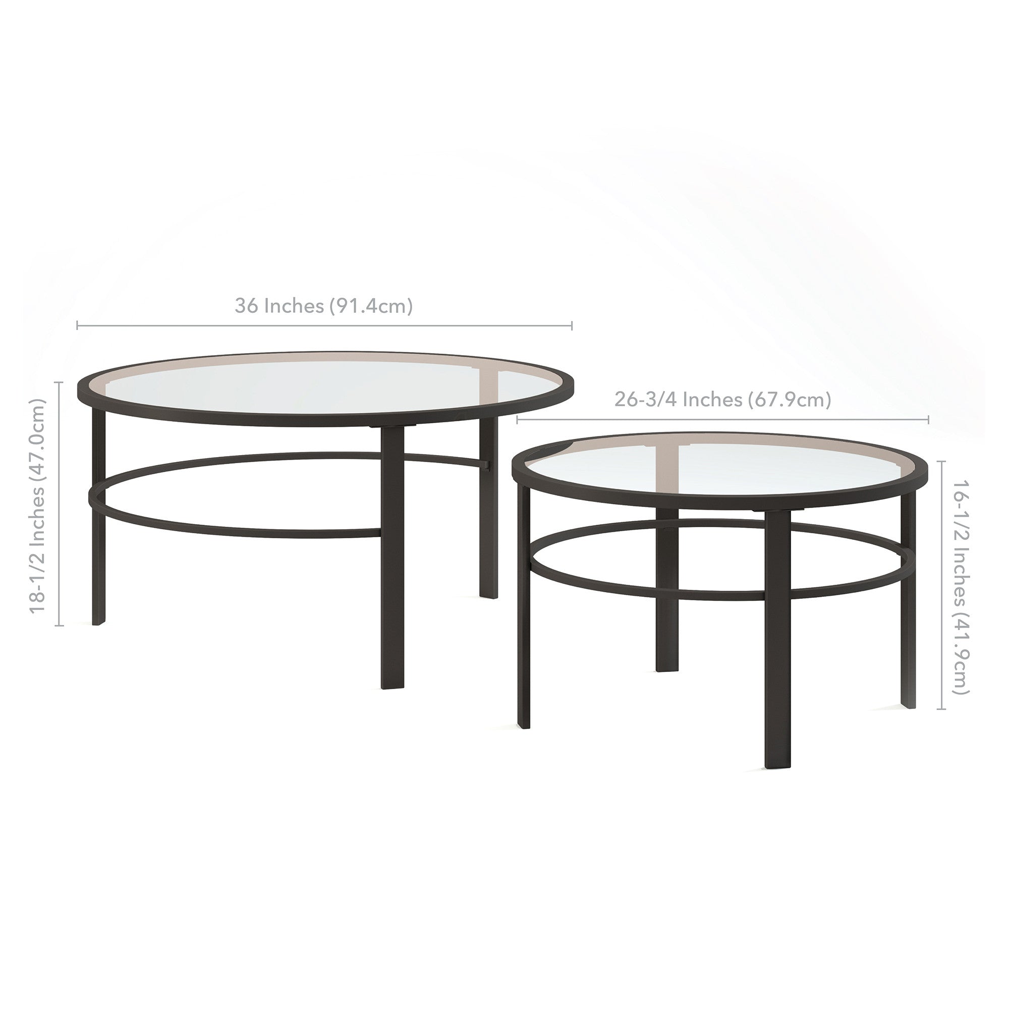 Set of Two 36 Clear And Black Glass And Steel Round Nested Coffee Tables