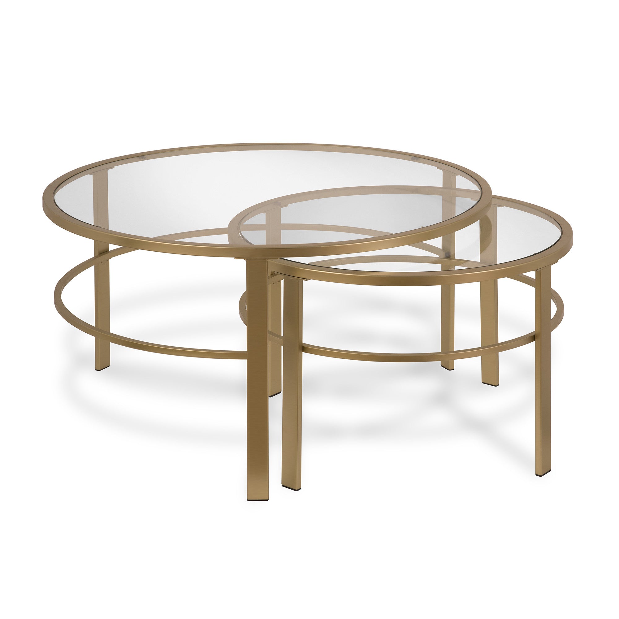 Set of Two 36 Gold Glass And Steel Round Nested Coffee Tables