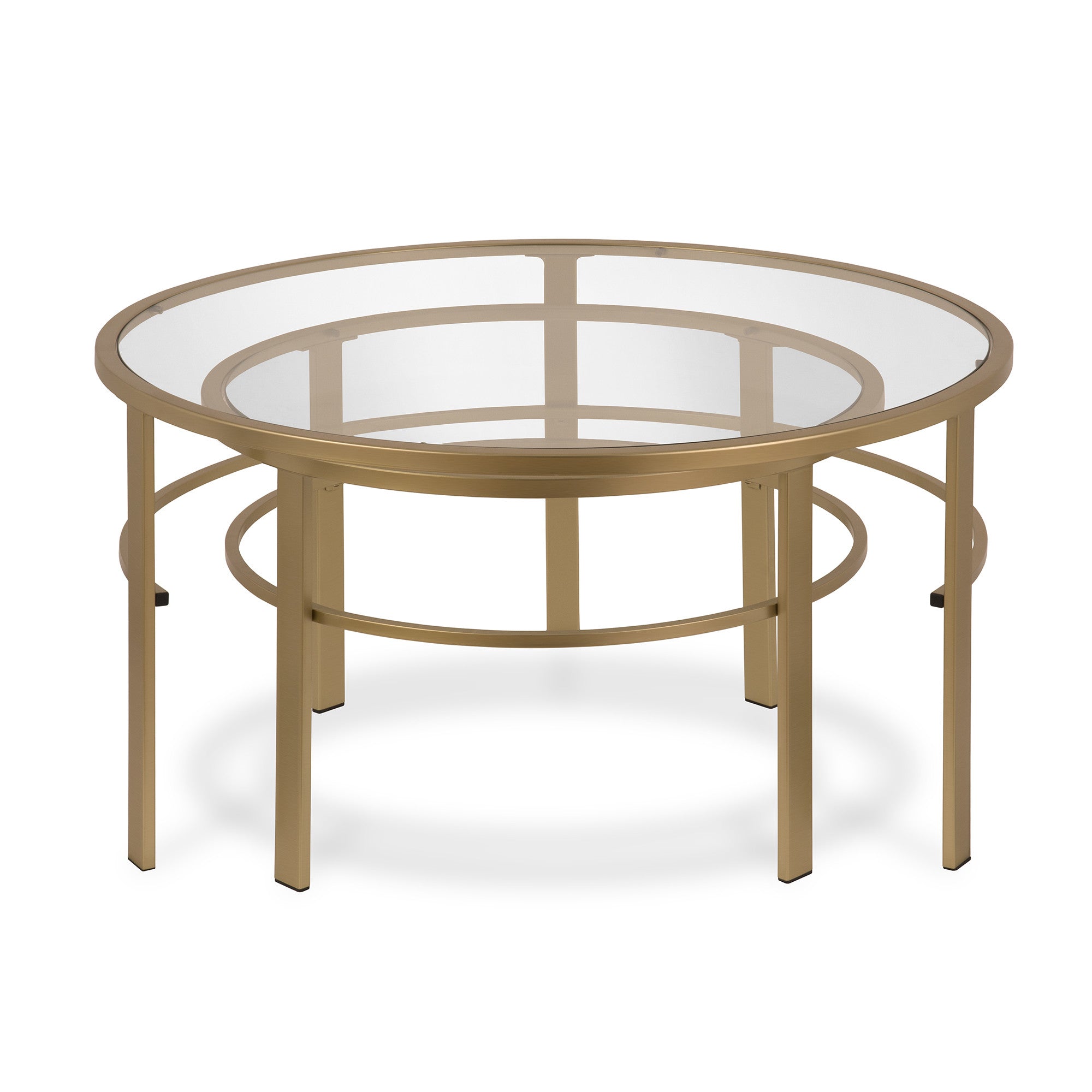 Set of Two 36 Gold Glass And Steel Round Nested Coffee Tables