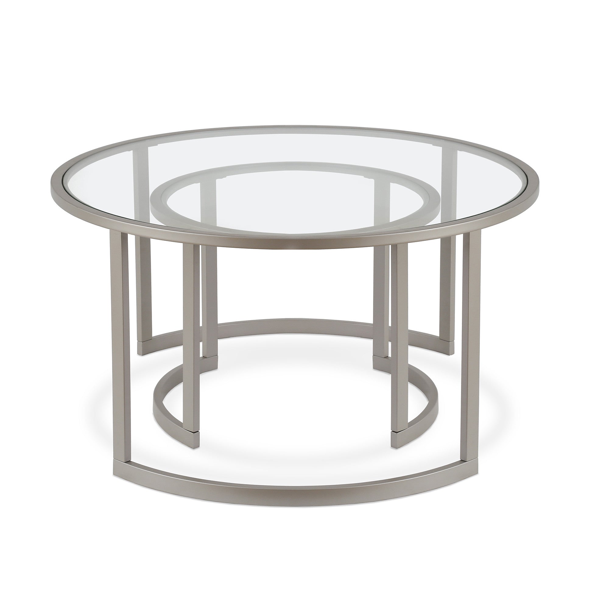 Set of Two 36 Nickel Glass And Steel Round Nested Coffee Tables