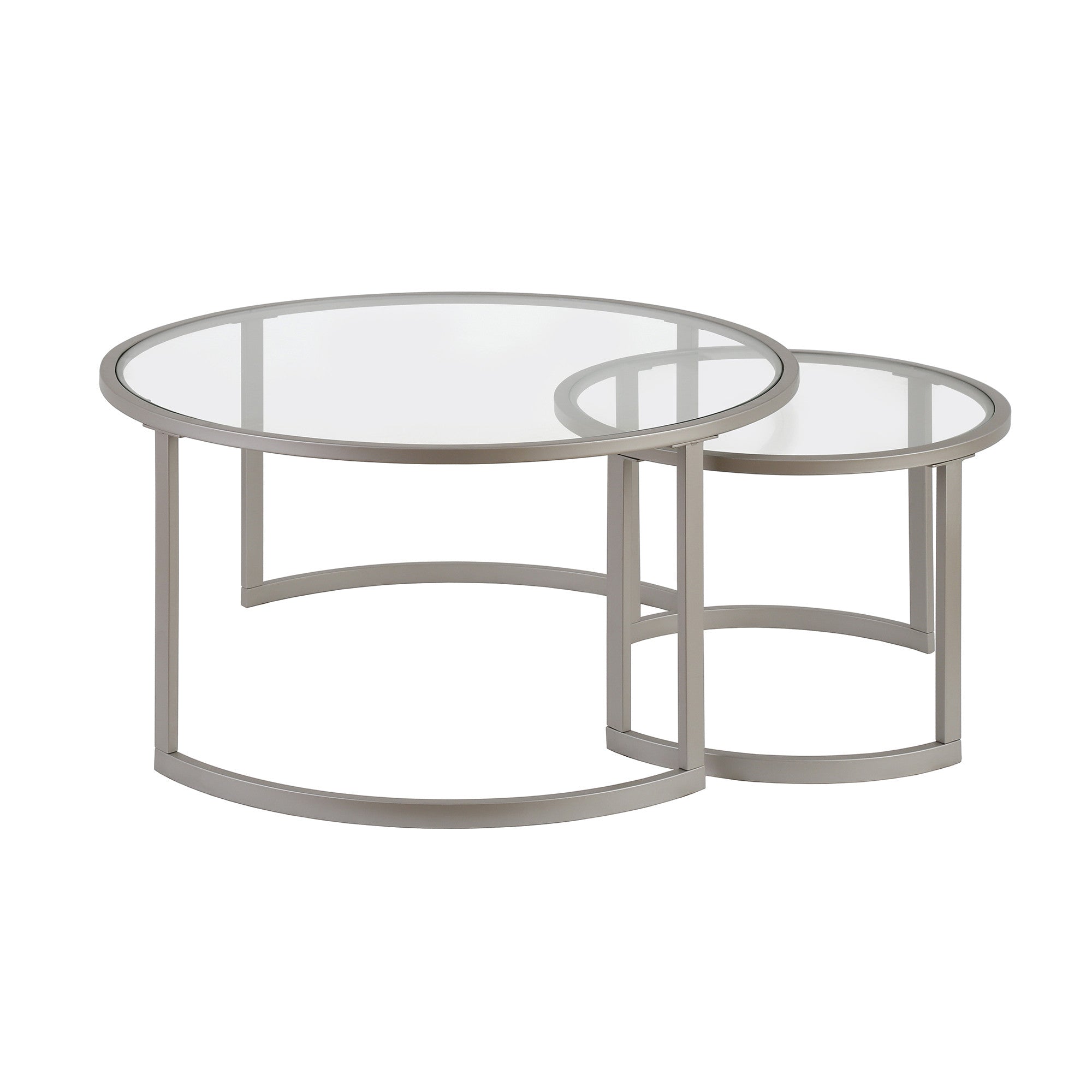 Set of Two 36 Nickel Glass And Steel Round Nested Coffee Tables