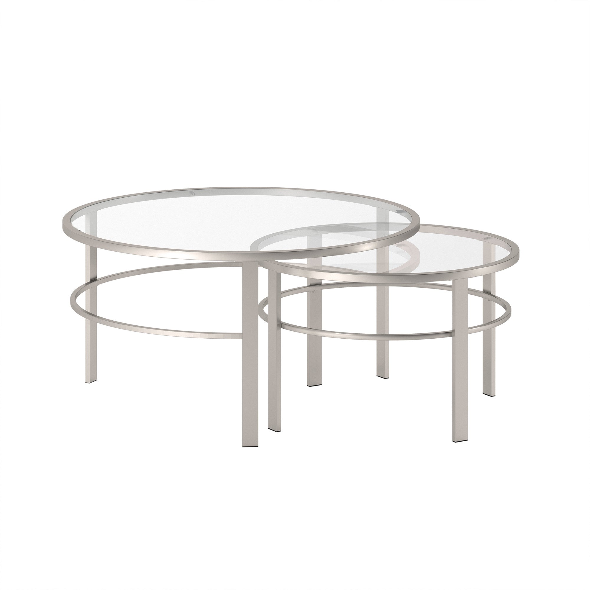 Set of Two 36 Silver Glass And Steel Round Nested Coffee Tables