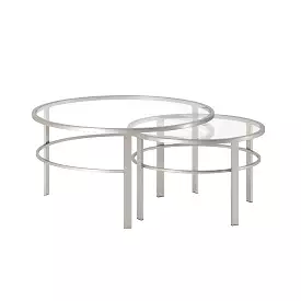 Set of Two 36 Silver Glass And Steel Round Nested Coffee Tables