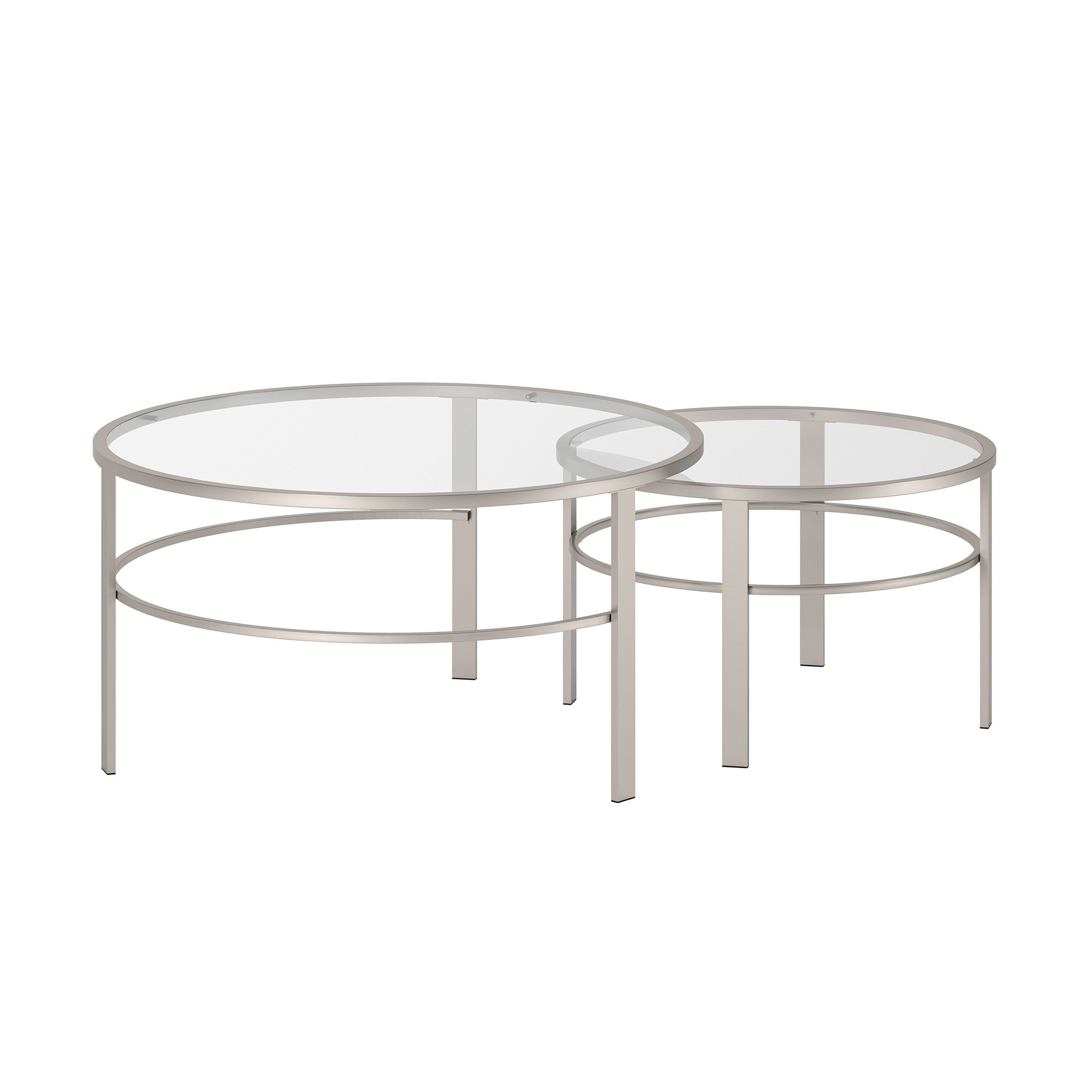 Set of Two 36 Silver Glass And Steel Round Nested Coffee Tables