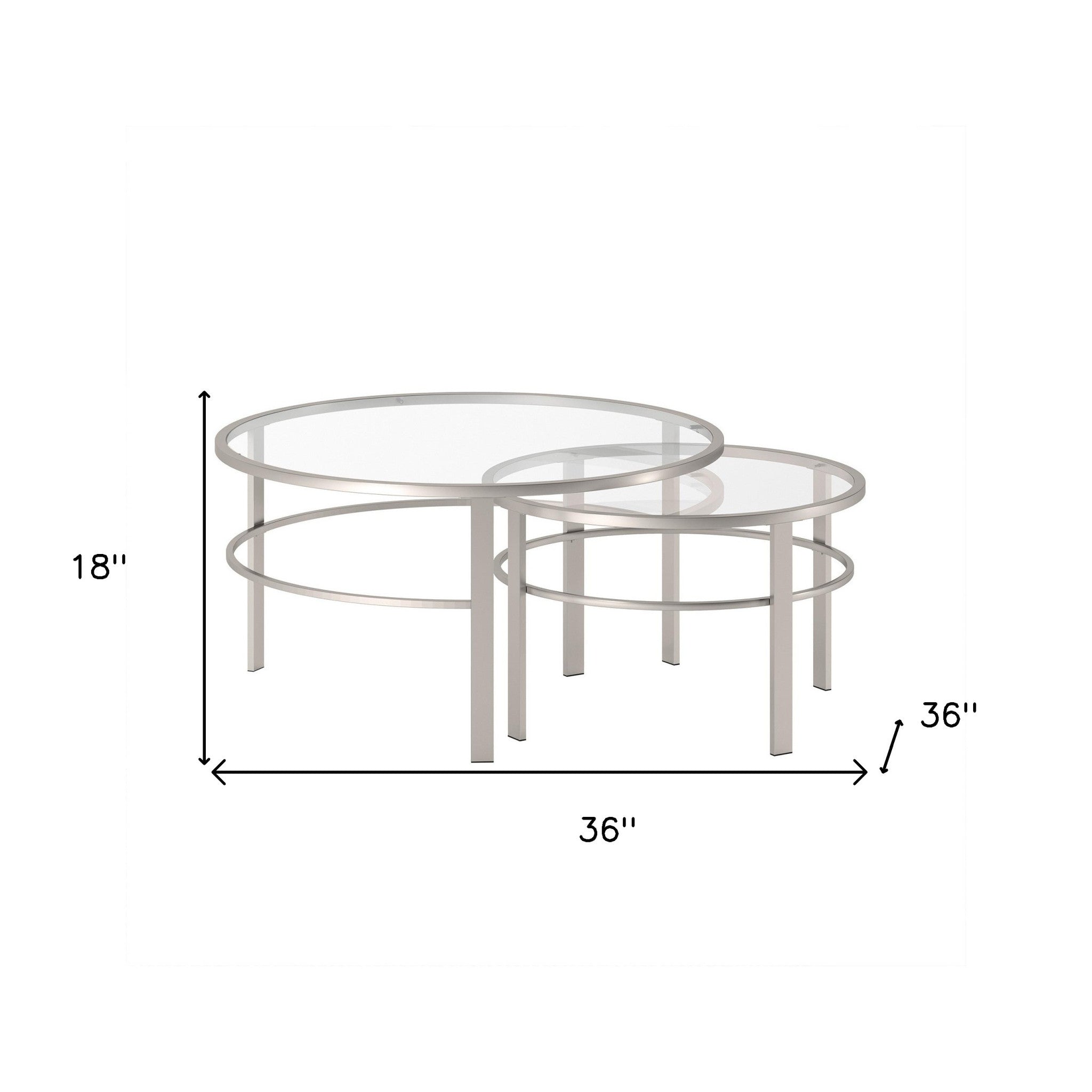 Set of Two 36 Silver Glass And Steel Round Nested Coffee Tables