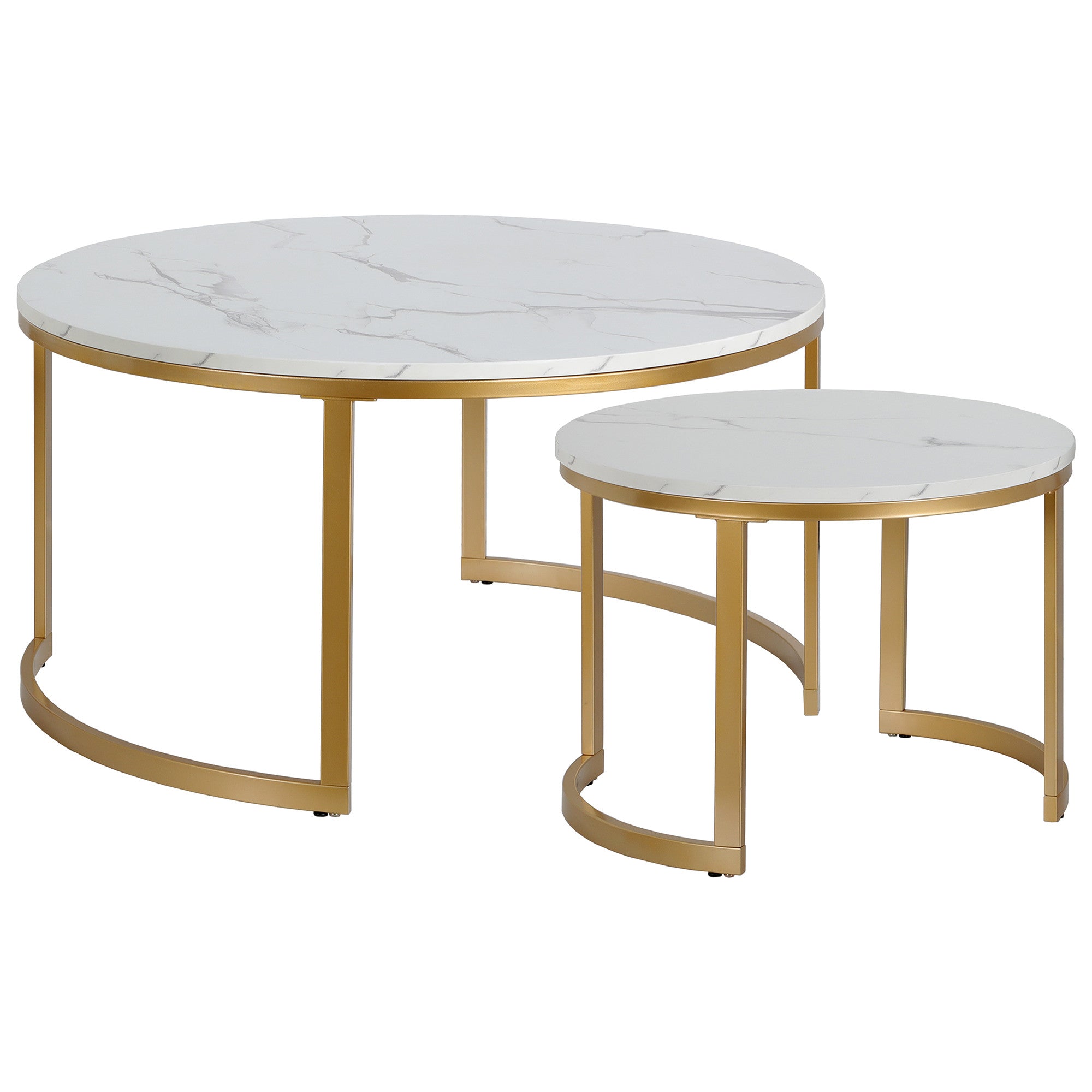 Set of Two 36 White And Gold Faux Marble And Steel Round Nested Coffee Tables