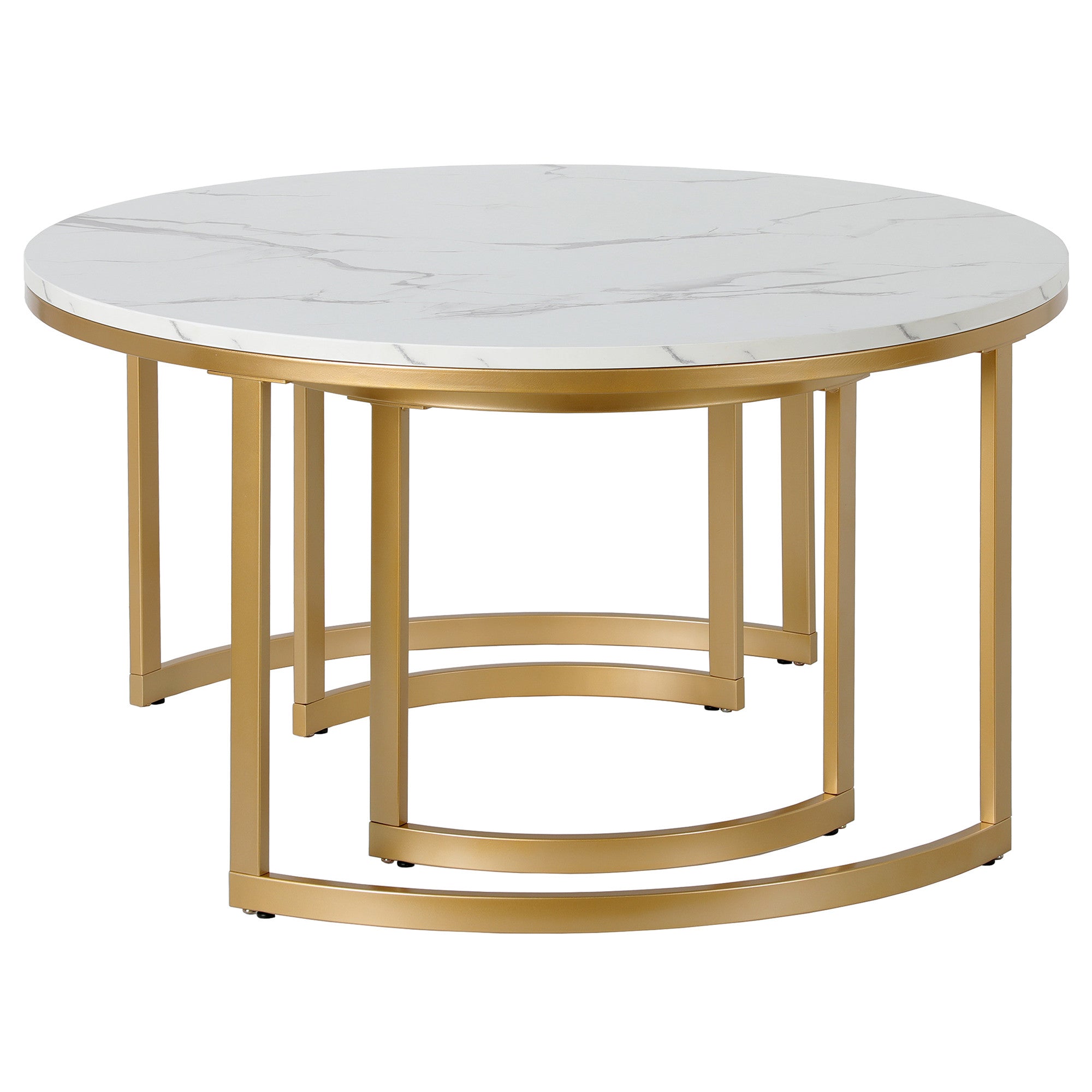 Set of Two 36 White And Gold Faux Marble And Steel Round Nested Coffee Tables