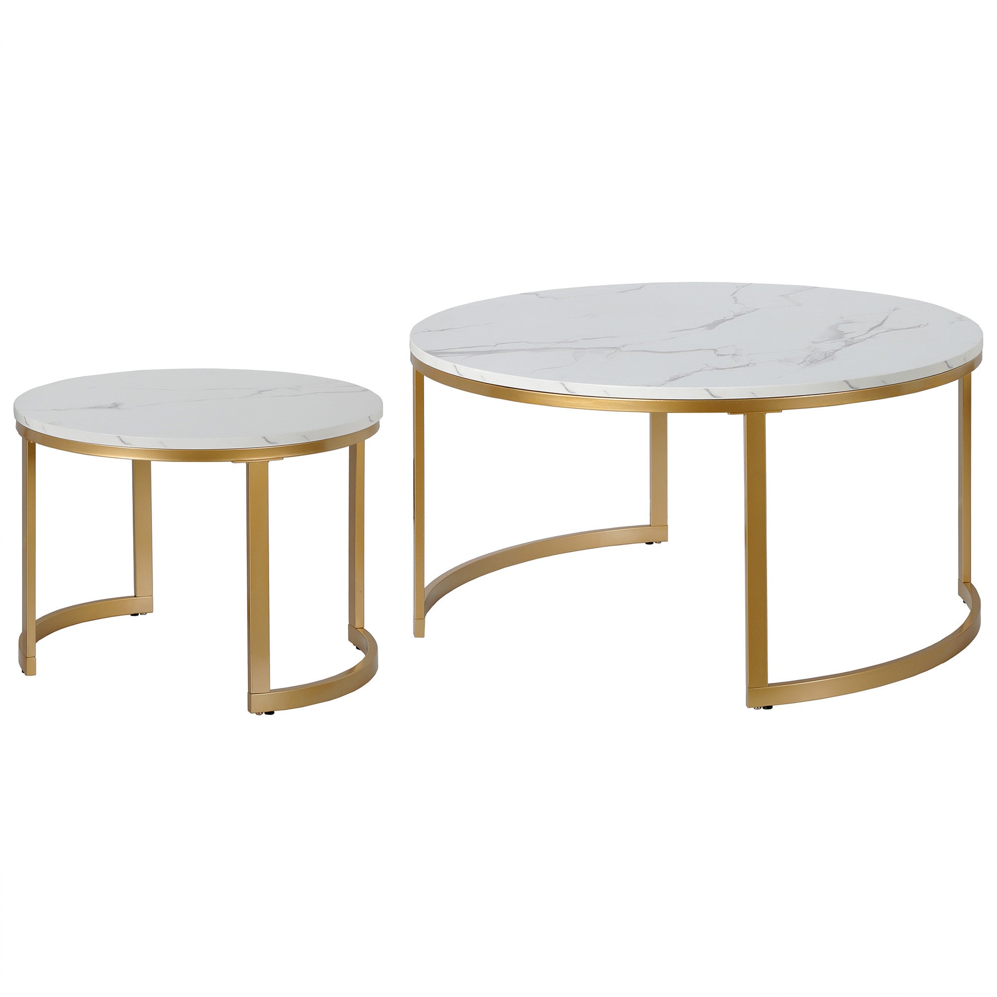 Set of Two 36 White And Gold Faux Marble And Steel Round Nested Coffee Tables