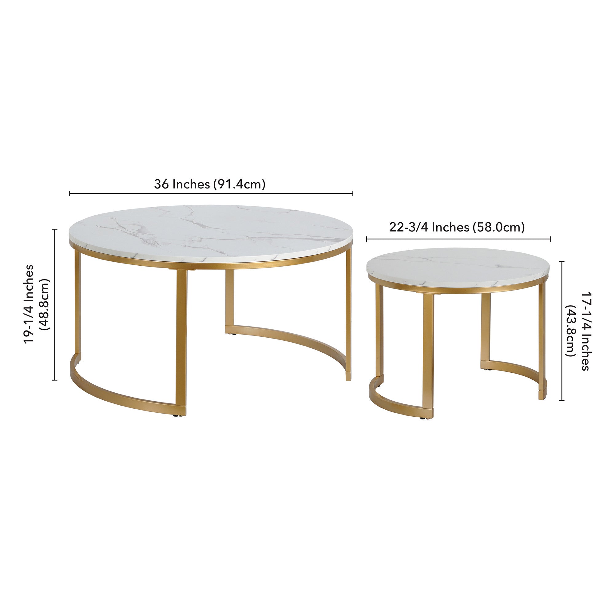 Set of Two 36 White And Gold Faux Marble And Steel Round Nested Coffee Tables