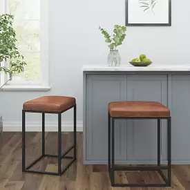 Set of Two  Brown And Black Faux Leather And Metal Backless Counter Height Bar Chairs