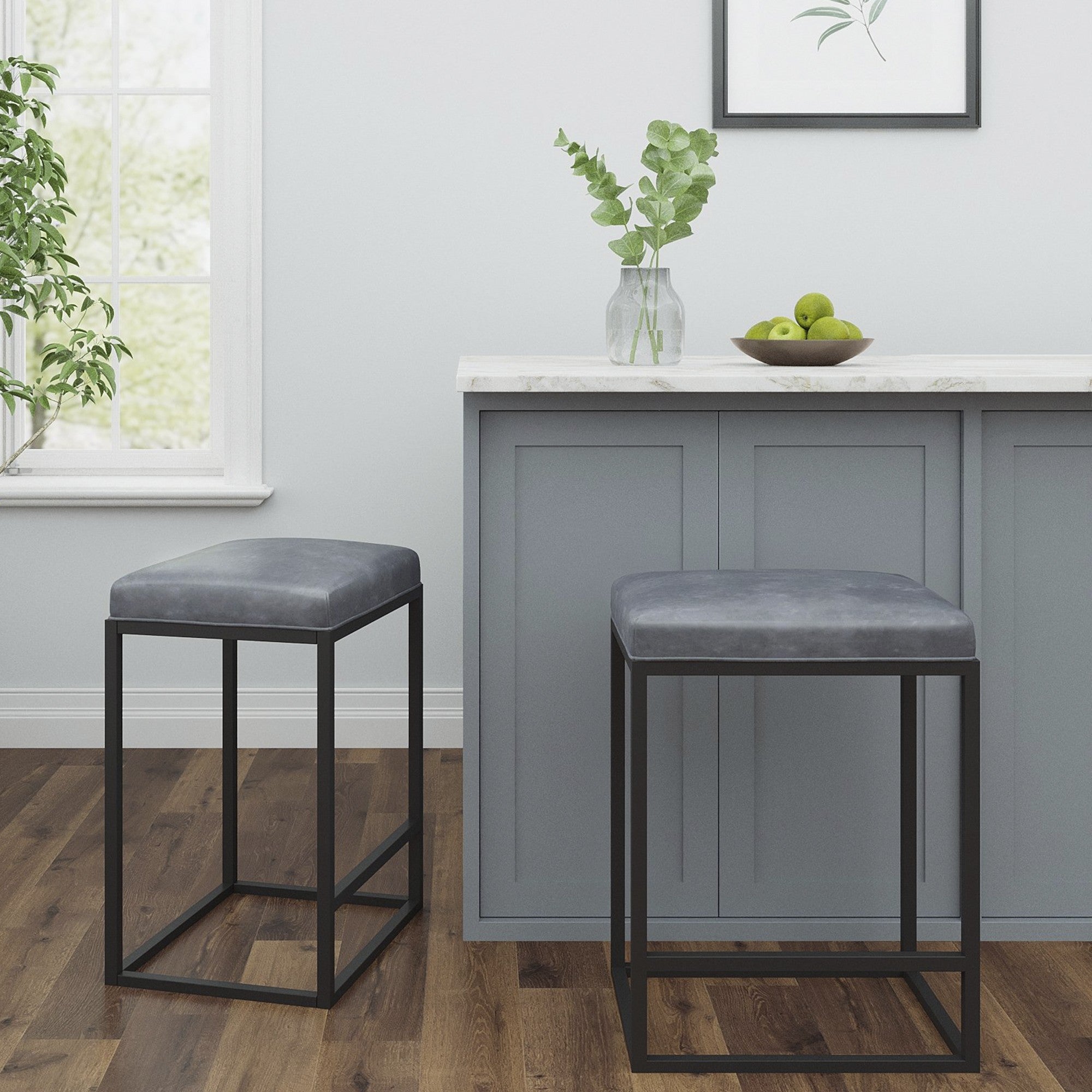 Set of Two  Gray And Black Faux Leather And Metal Backless Counter Height Bar Chairs