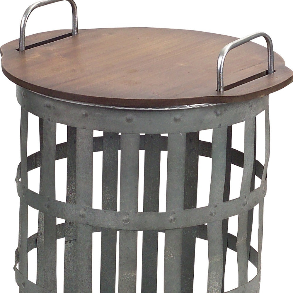 Set Of Two Grey And Brown Wood and Metal Basket Round End Tables