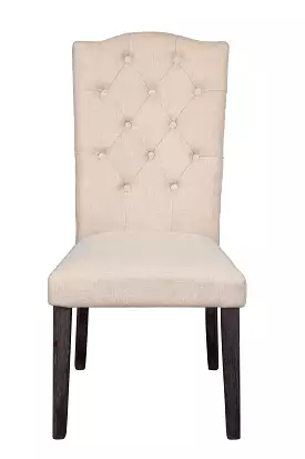 Set of Two Tufted Beige and Espresso Upholstered Linen Dining Side Chairs