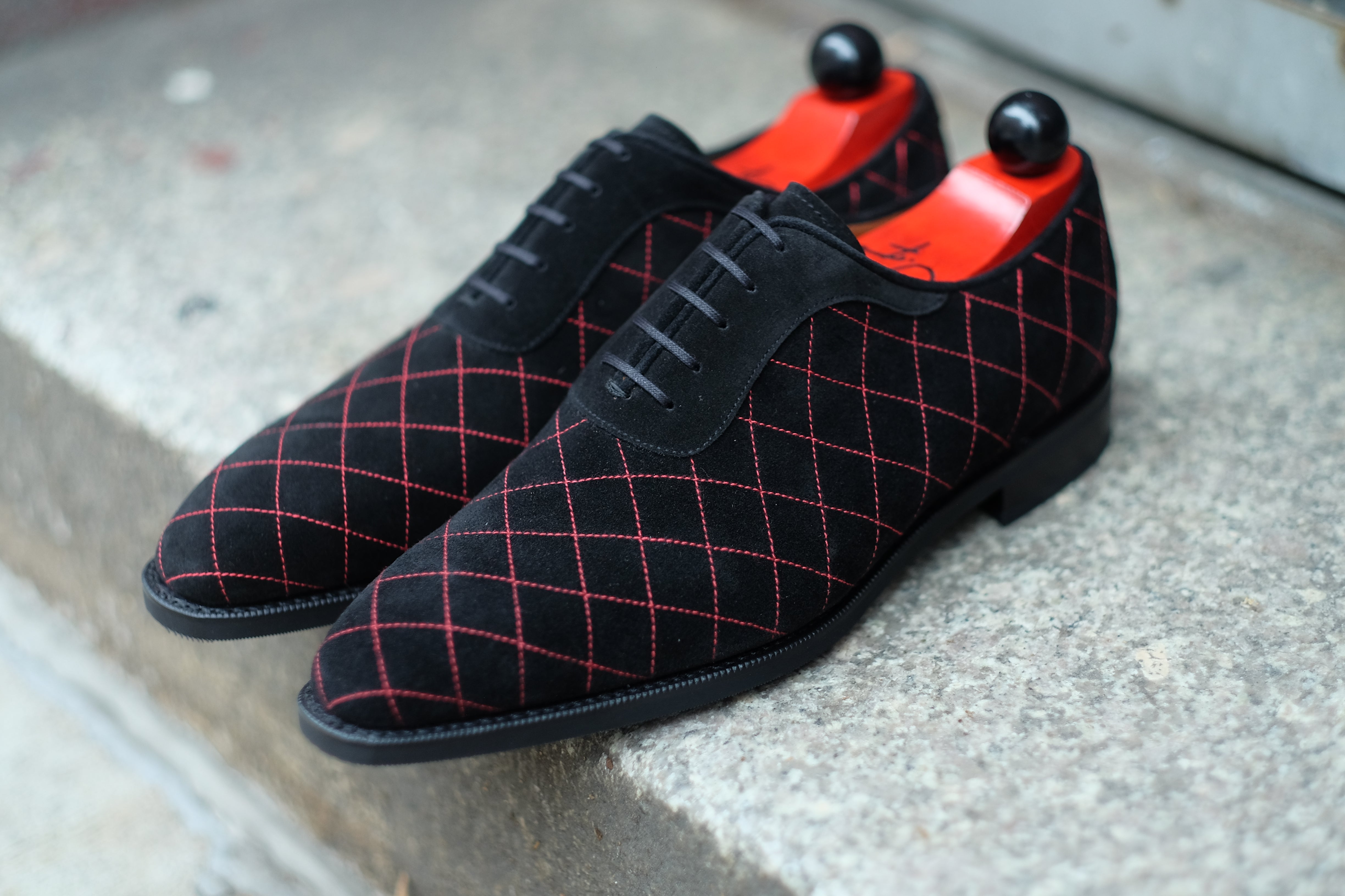 Spokane - MTO - Quilted Black Suede - Red Stitching - LPB Last - City Rubber Sole