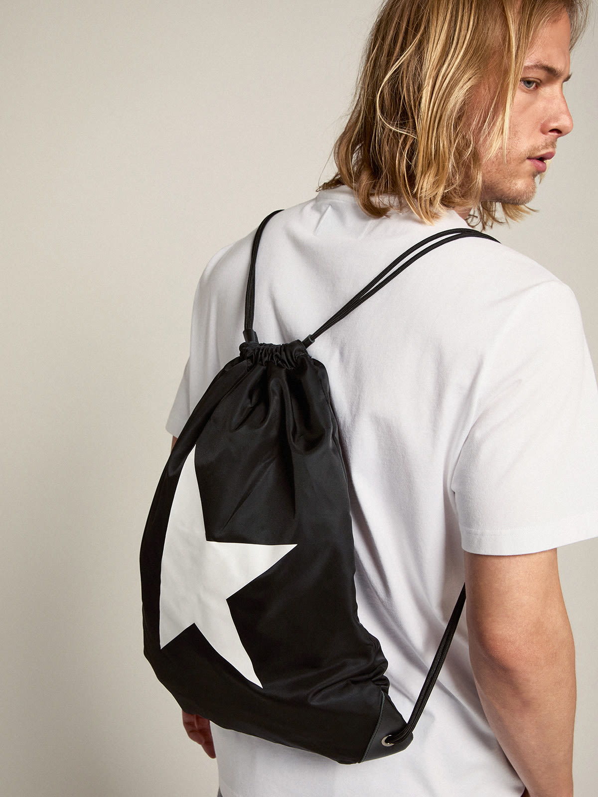 STAR NYLON BLACK DRAWSTRING BACKPACK WITH PRINTED STAR