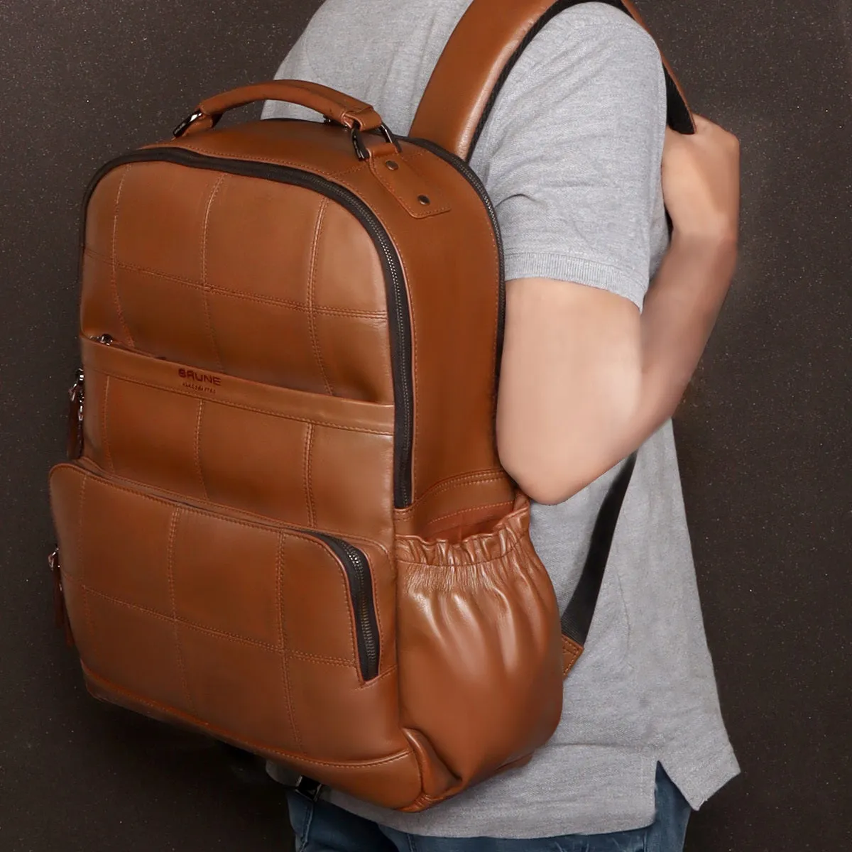 Stitched Square Pattern Tan Leather Backpack