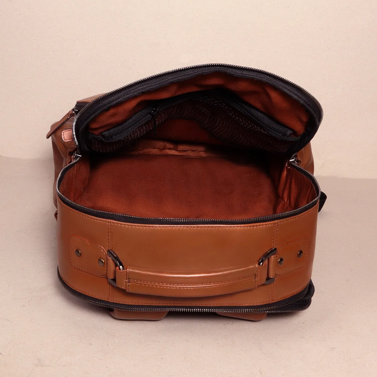 Stitched Square Pattern Tan Leather Backpack