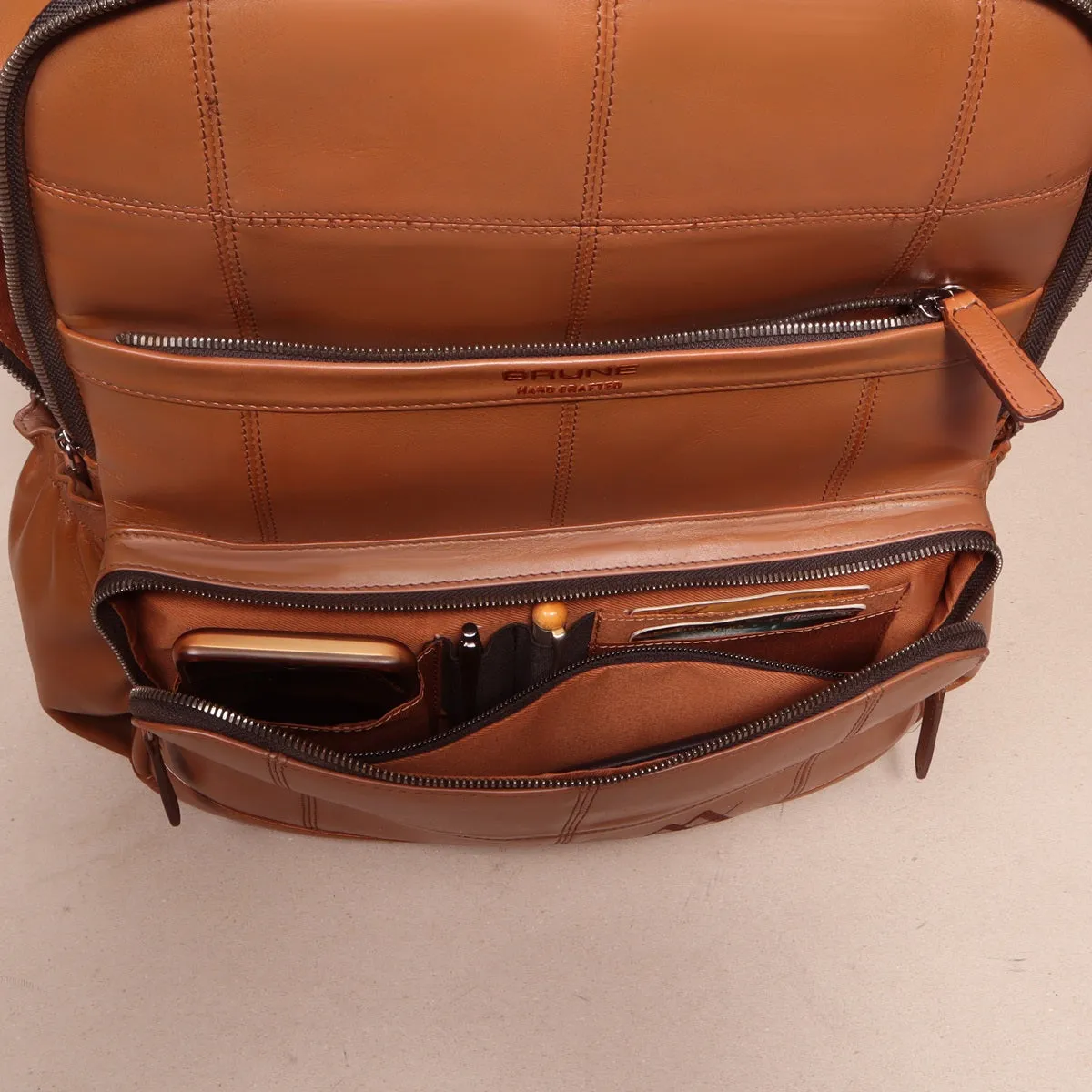 Stitched Square Pattern Tan Leather Backpack