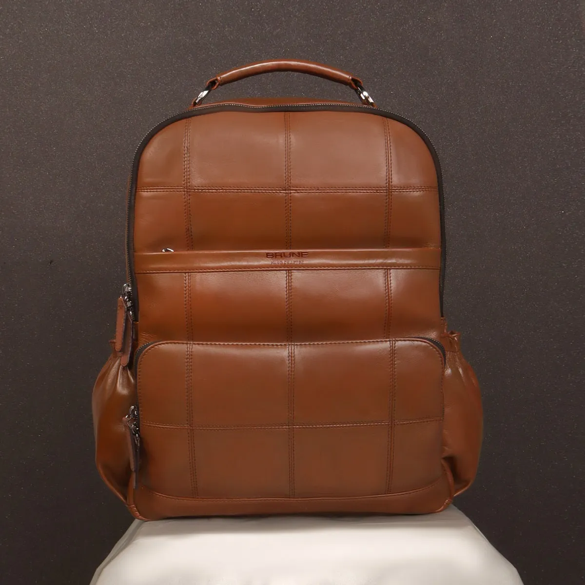 Stitched Square Pattern Tan Leather Backpack