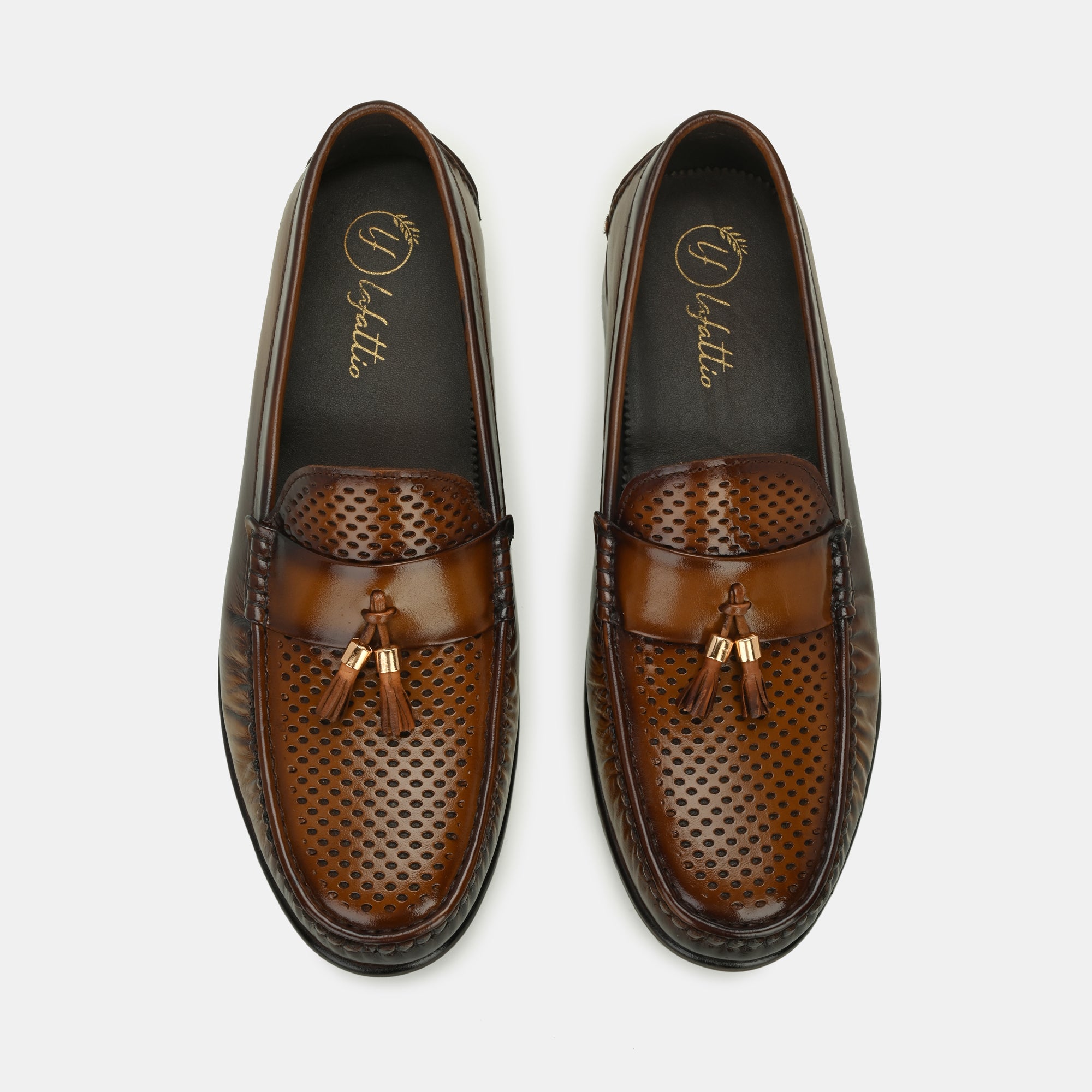 Tan Perforated Tassel Loafers by Lafattio