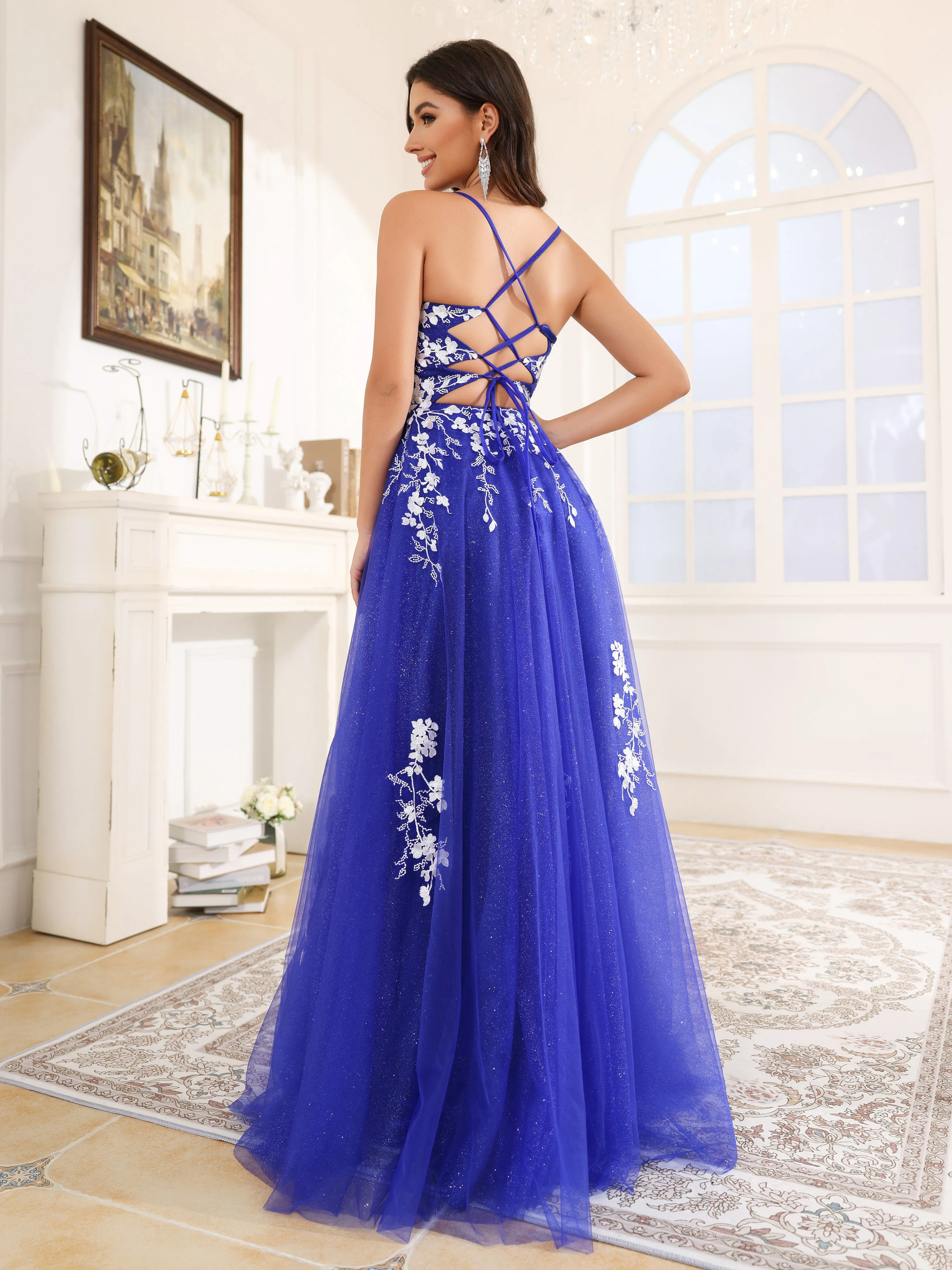 Trapèze Fendue Bretelles Spaghetti Dentelle Tulle Robe de Soirée BLEU ROYALE