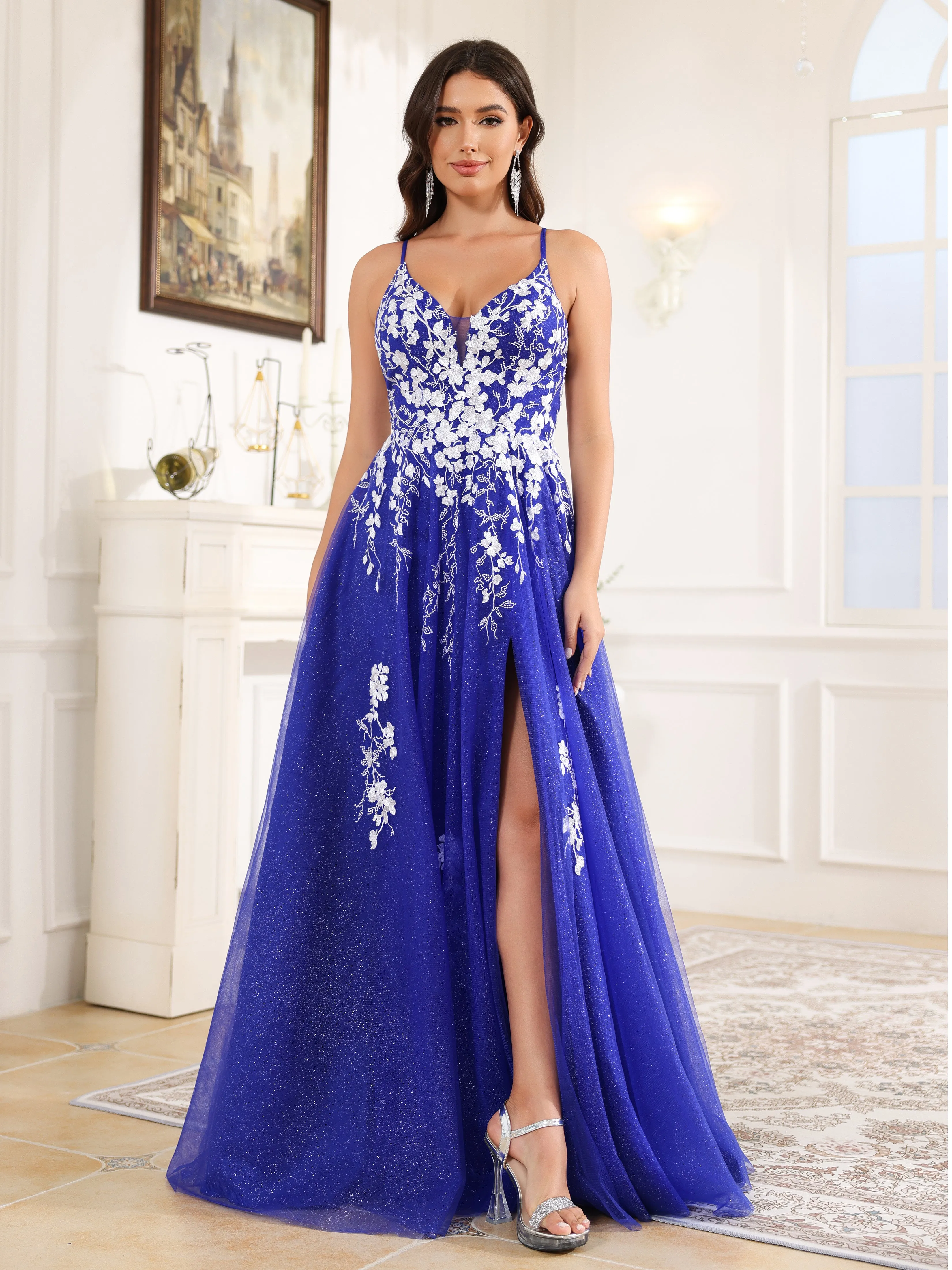 Trapèze Fendue Bretelles Spaghetti Dentelle Tulle Robe de Soirée BLEU ROYALE