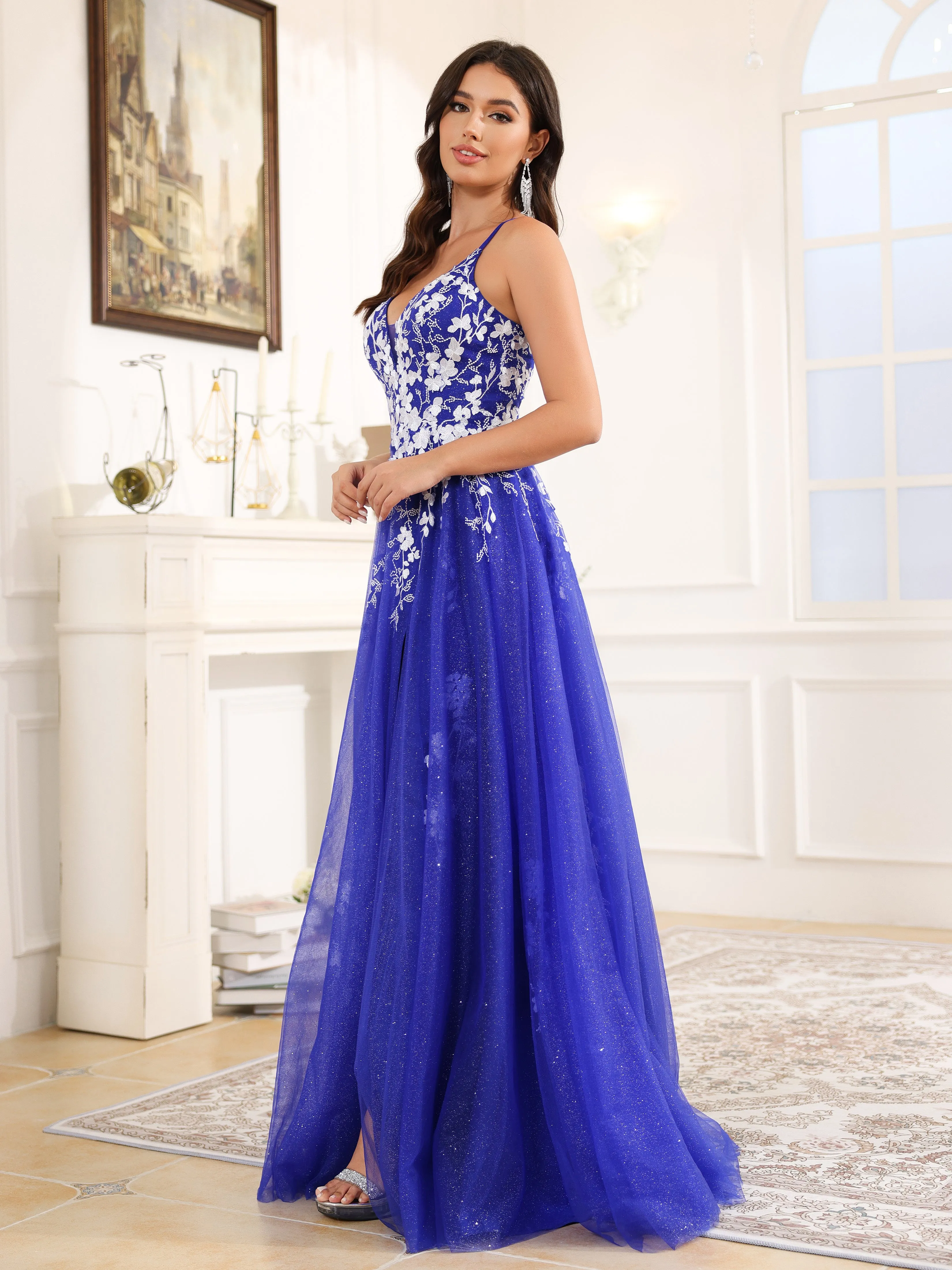 Trapèze Fendue Bretelles Spaghetti Dentelle Tulle Robe de Soirée BLEU ROYALE