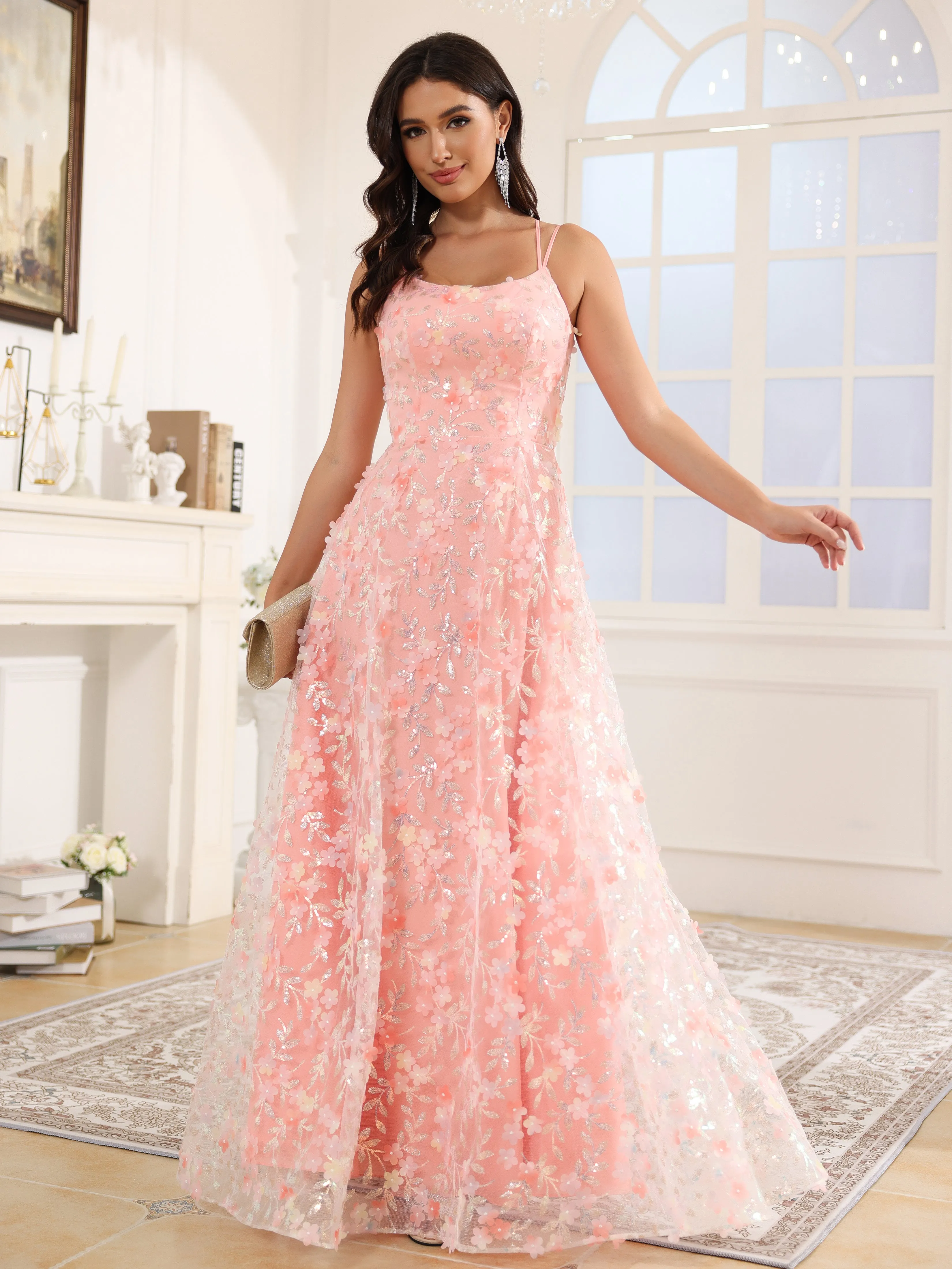 Trpèze Bretelles Spaghetti Dentelle Robe de Soirée ROSE