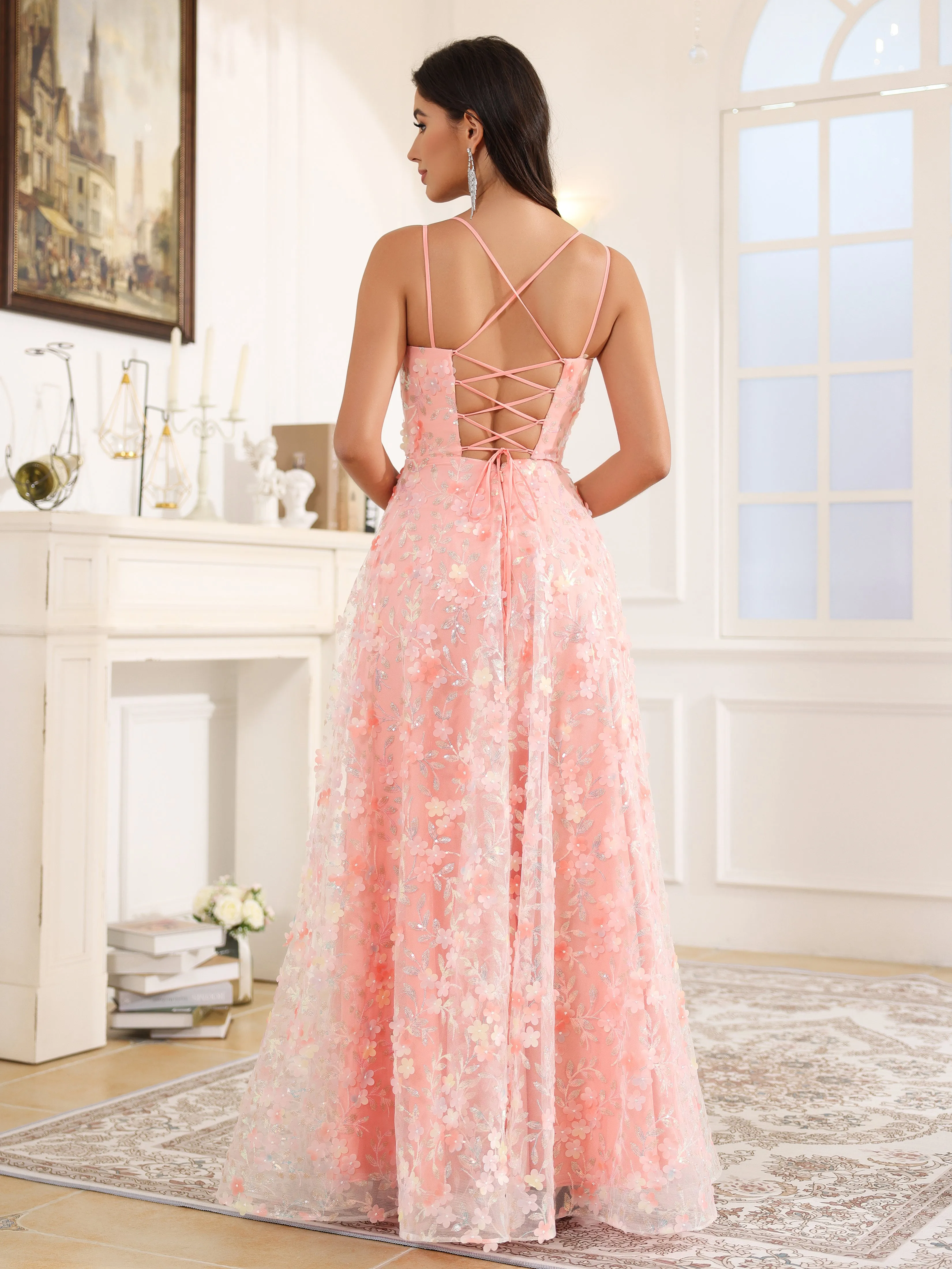 Trpèze Bretelles Spaghetti Dentelle Robe de Soirée ROSE