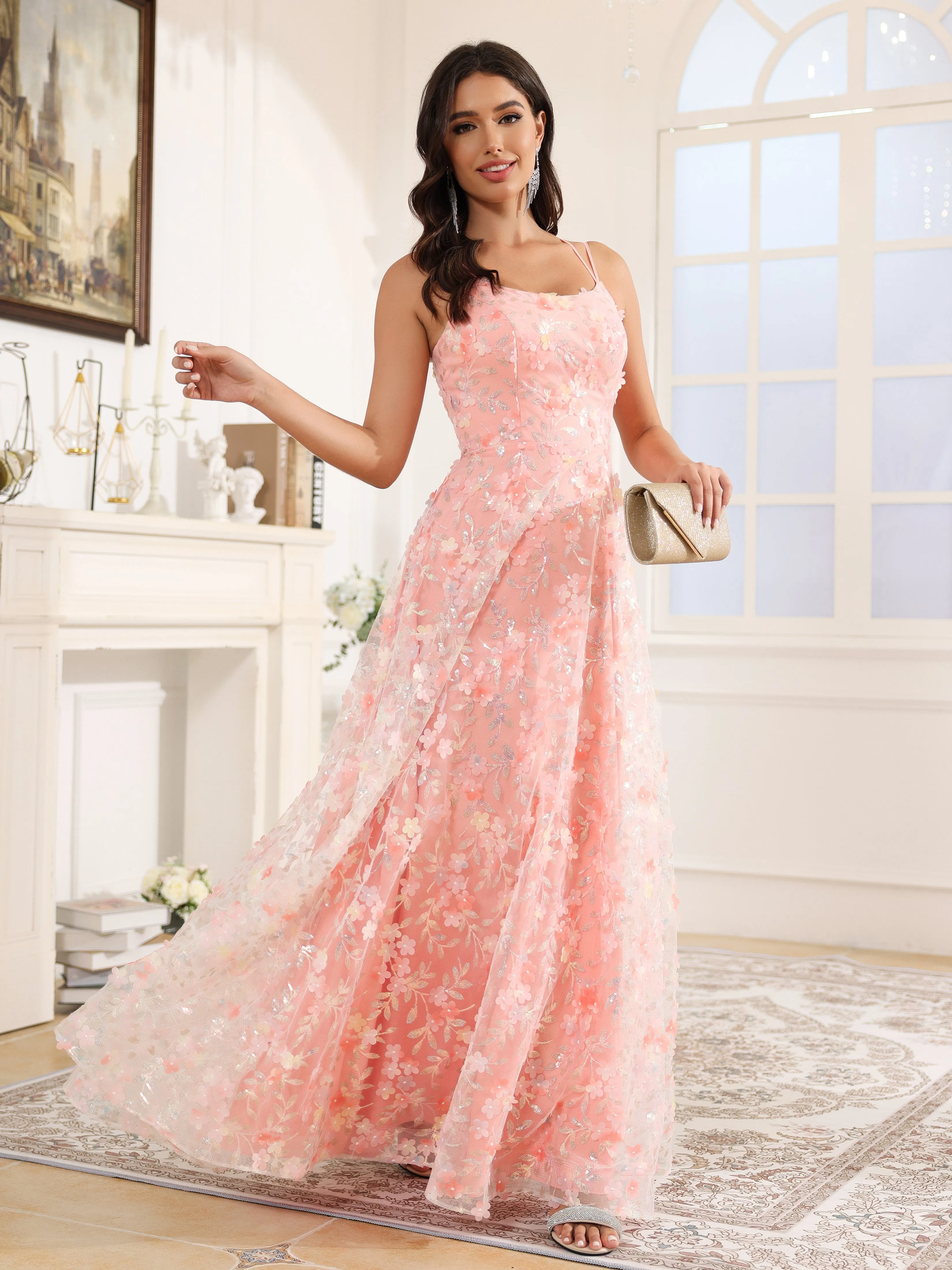 Trpèze Bretelles Spaghetti Dentelle Robe de Soirée ROSE