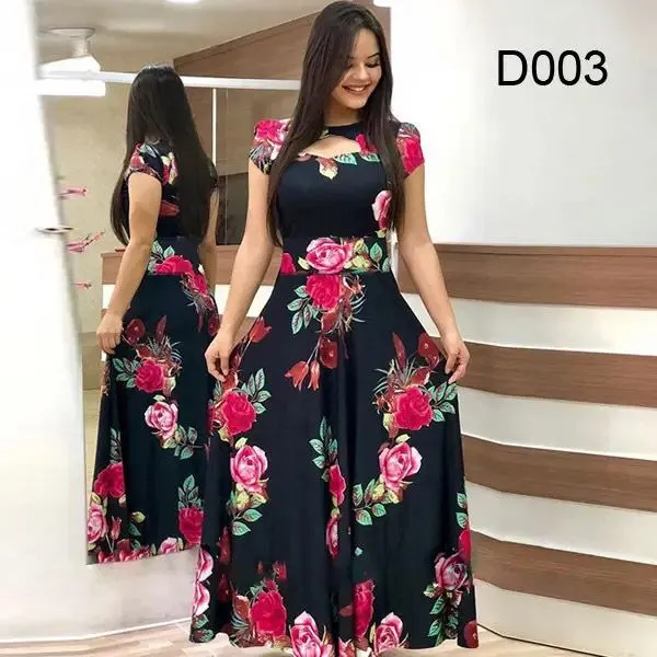 Women Short Sleeve Hollow Out O-neck Long Dress Summer Elegant Floral Printed High Waist Elastic Elegant Boho Robe Maxi Vestidos